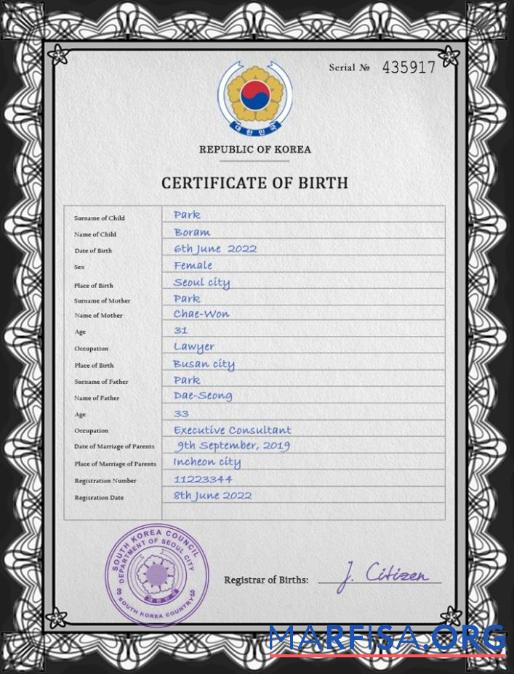 Printable South Korea birth certificate PSD template